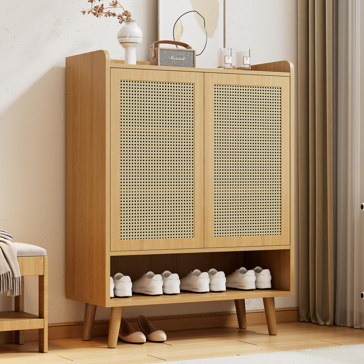SCHUHSCHRANK aus natürlichem Rattan, Für Flur und Eingangsbereich, Eiche hell - Sonoma Eiche, Holzwerkstoff (80/105/35cm) - Urban Meuble