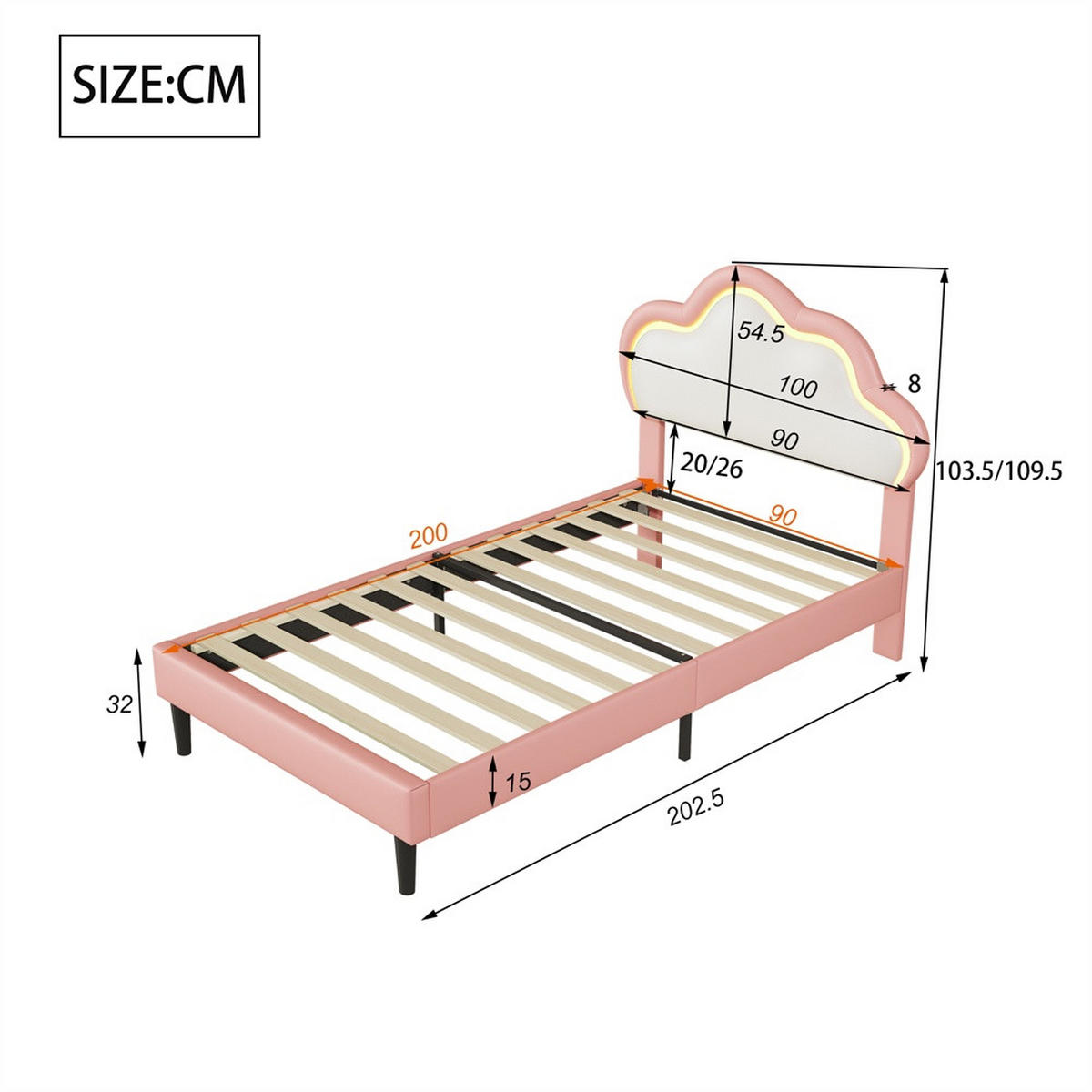 KINDERBETT 90 x 200 cm - höhenverstellbares Kopfteil im Wolken-Design mit LED - ohne Matratze - Weiß und Rosa - Pink, Textil (90/200cm) - DELFA