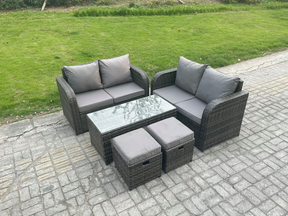 GARTENMÖBEL SET mit Sofa Polyrattan 6-Sitzer Dunkelgrau - Dunkelgrau/Grau, Glas/Kunststoff - Fimous