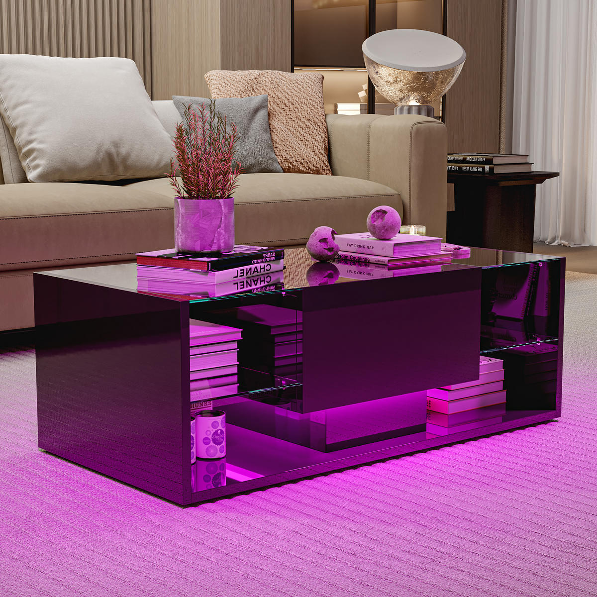 COUCHTISCH mit LED, Hochglanz Wohnzimmertisch, Schwarz 100x50x35 cm - Schwarz, Holz (50/100/35cm)