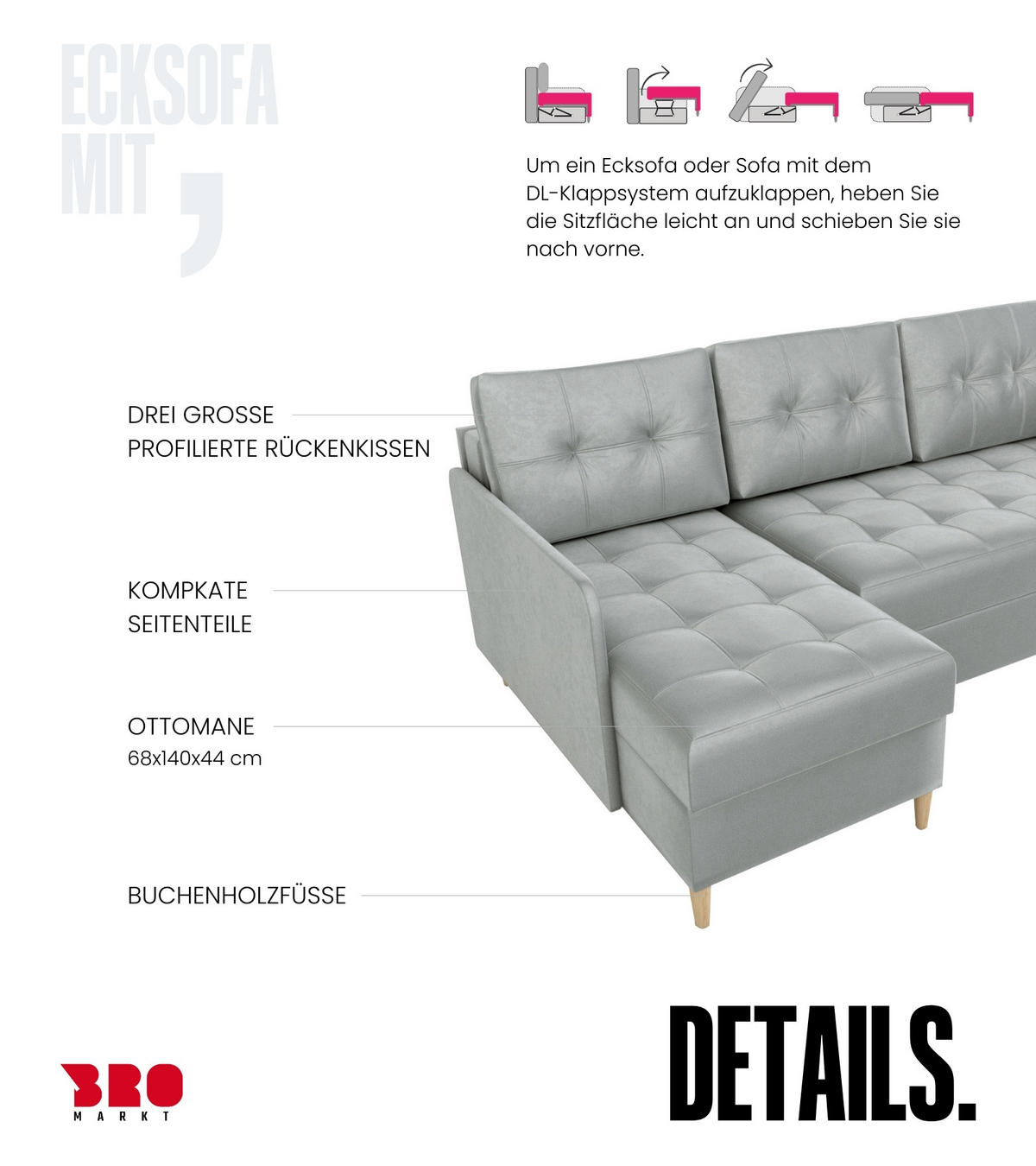 ECKSOFA Fado mit Schlaffunktion Grau Samtstoff - Grau, Textil (210/141cm) - Bromarkt