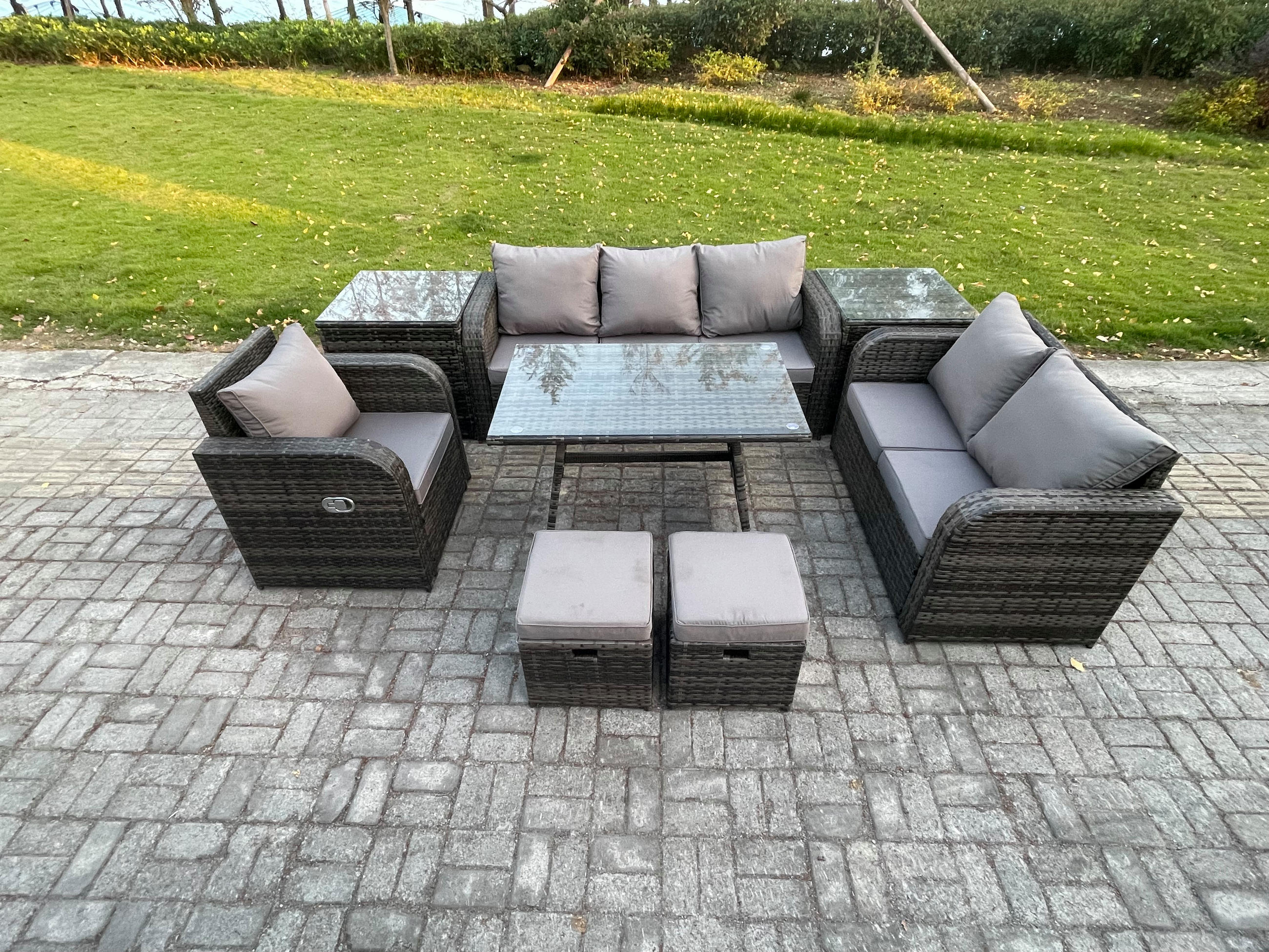 GARTENMÖBEL SET Polyrattan Dunkelgrau 8-Sitzer - Dunkelgrau/Grau, Glas/Kunststoff - Fimous