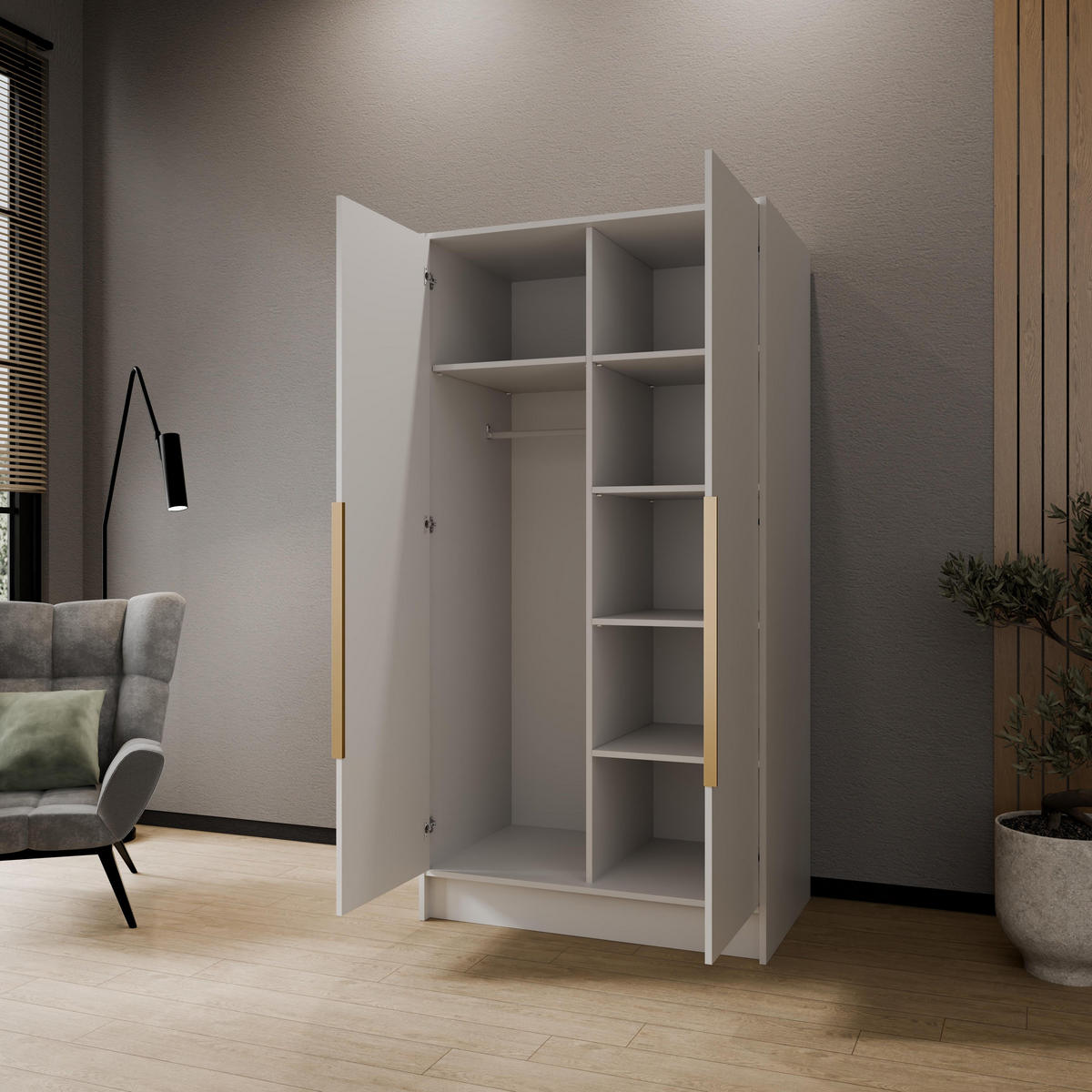 DREHTÜRENSCHRANK RENVO 102/200/51 cm Modern Kleiderschrank 2-türig mit Spiegel Weiß - Weiß, Holzwerkstoff (102/200/51cm) - MASSENO