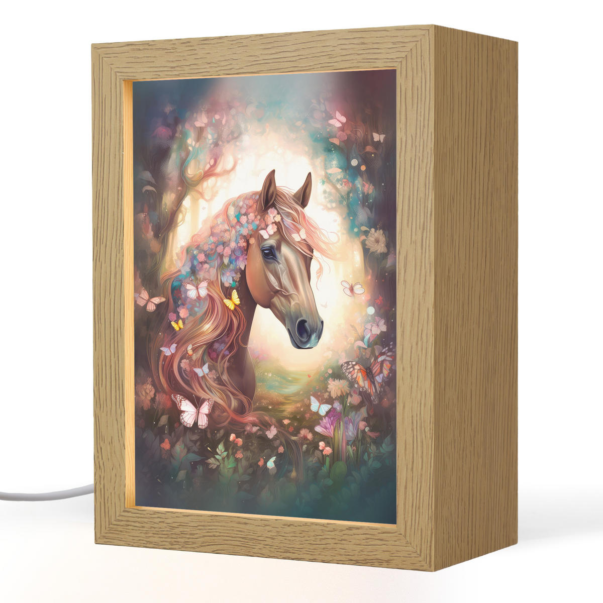 NACHTTISCHLAMPE Pferd - Natur - Blumen - Schmetterlinge - Wald 15x20 cm - Dunkelbraun, Holzwerkstoff (8/15/20cm)