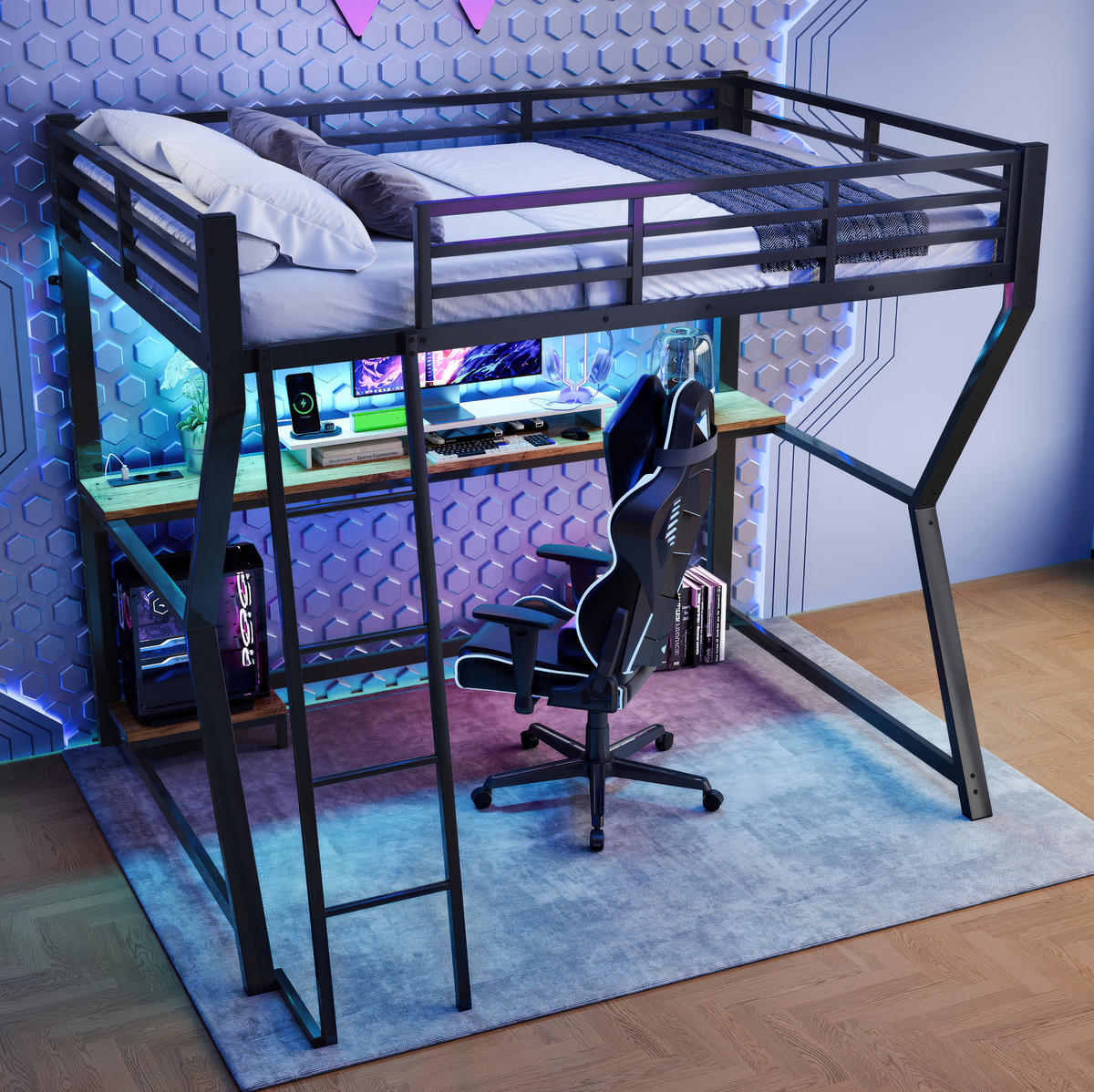 HOCHBETT 90/200 cm aus Metall/MDF mit Schreibtisch und LED-Beleuchtung Schwarz - Schwarz, Metall (90/200cm) - Modenvie