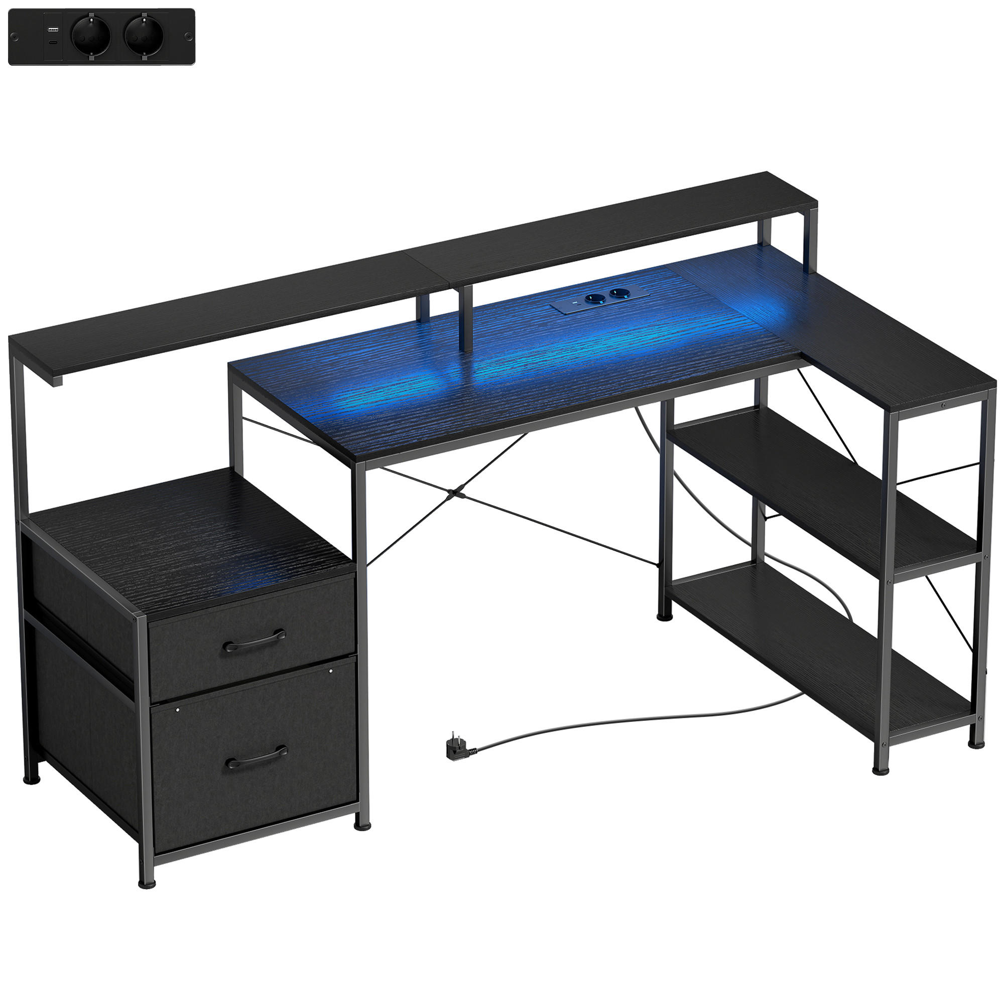 HOMCOM HERNÍ stůl ve tvaru L 165 x 80 cm s LED osvětlením a zásuvkami, 2 zásuvky