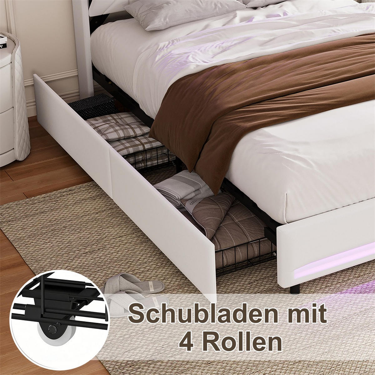 POLSTERBETT 160x200cm - Doppelbett mit 4 Schubladen - RGB-LED-Beleuchtung - Stauraum-Kopfteil - ohne Matratze - Beige - Beige, Textil (160/200cm) - DELFA