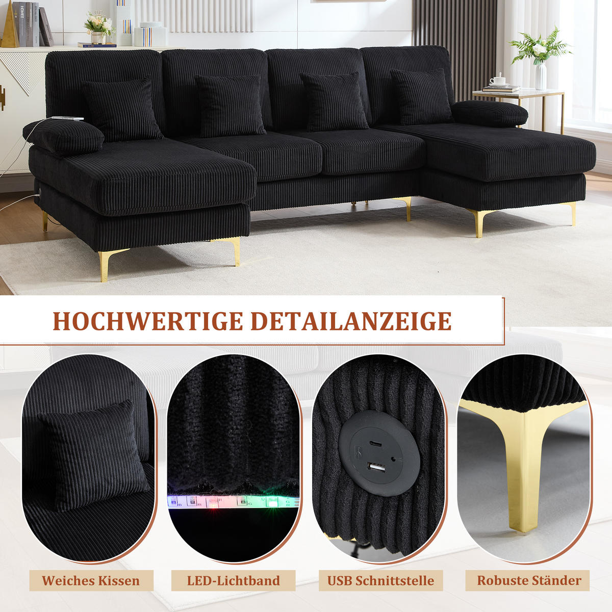 U-SOFA Wohnlandschaft Samt mit LED-Beleuchtung und USB-Anschluss 265/135/88 cm Schwarz - Schwarz, Textil (135/88/265cm) - Redom
