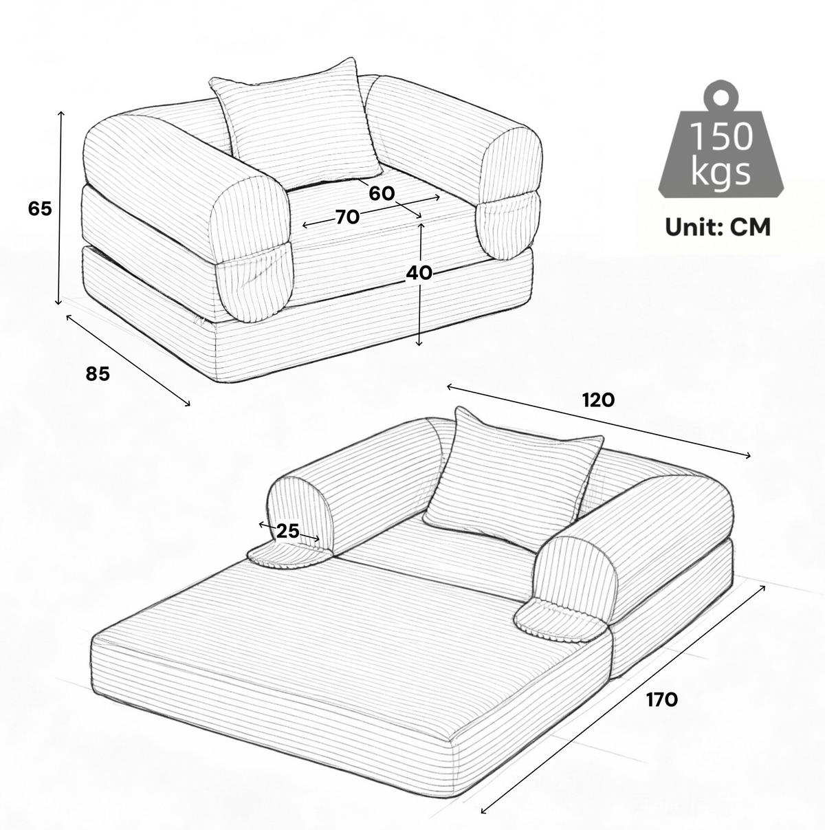 SCHLAFSOFA 2-in-1 aus Kord Grau - Grau, Kunststoff (85/65/120cm) - Meubliv