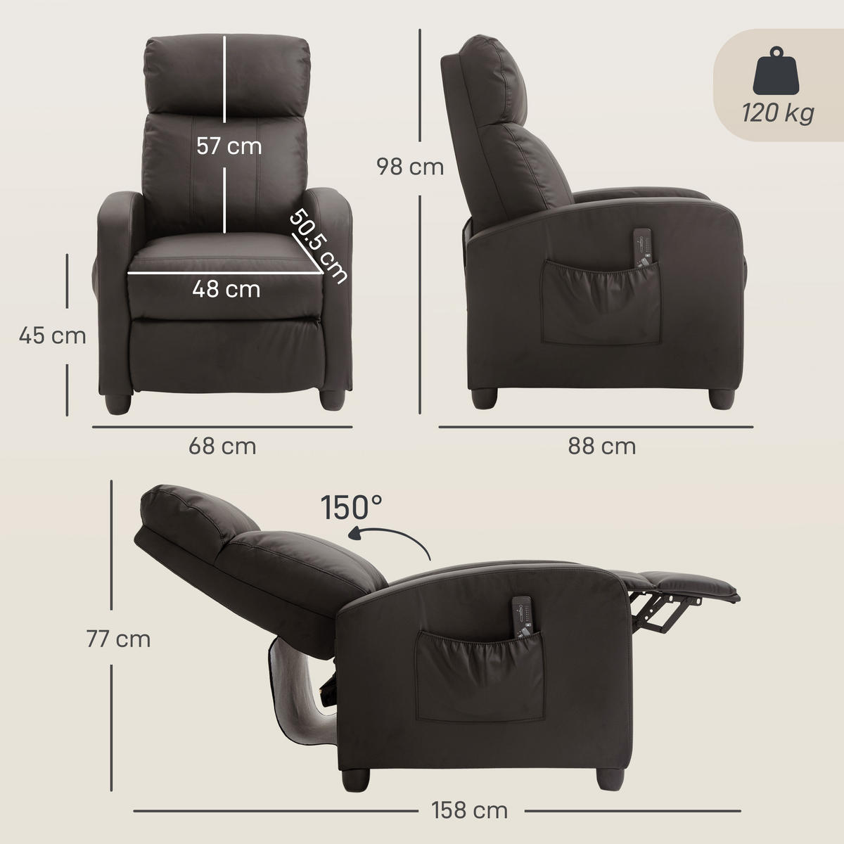 MASSAGESESSEL,8 Programme verstellbare Lehne Fußstütze,braun - Braun, Leder (88/98/68cm) - Vallsero