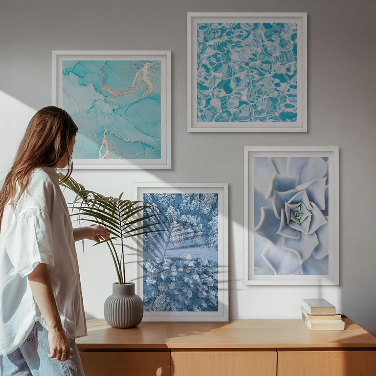 WANDBILDER 4er-Set - 50x50 cm & 40x60 cm Weißer Rahmen - Winterwald-Blaublume - Weiß, Kunststoff (50/50cm) - ArtPrintCave