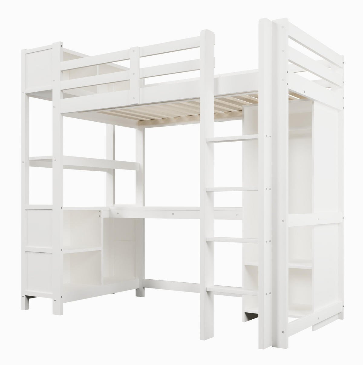 HOCHBETT 90/200 cm mit Schreibtisch, Regalen und Kleiderschrank, aus Kiefernholz und MDF, Weiß/Natur - Weiß, Holzwerkstoff (90/200cm) - Redom