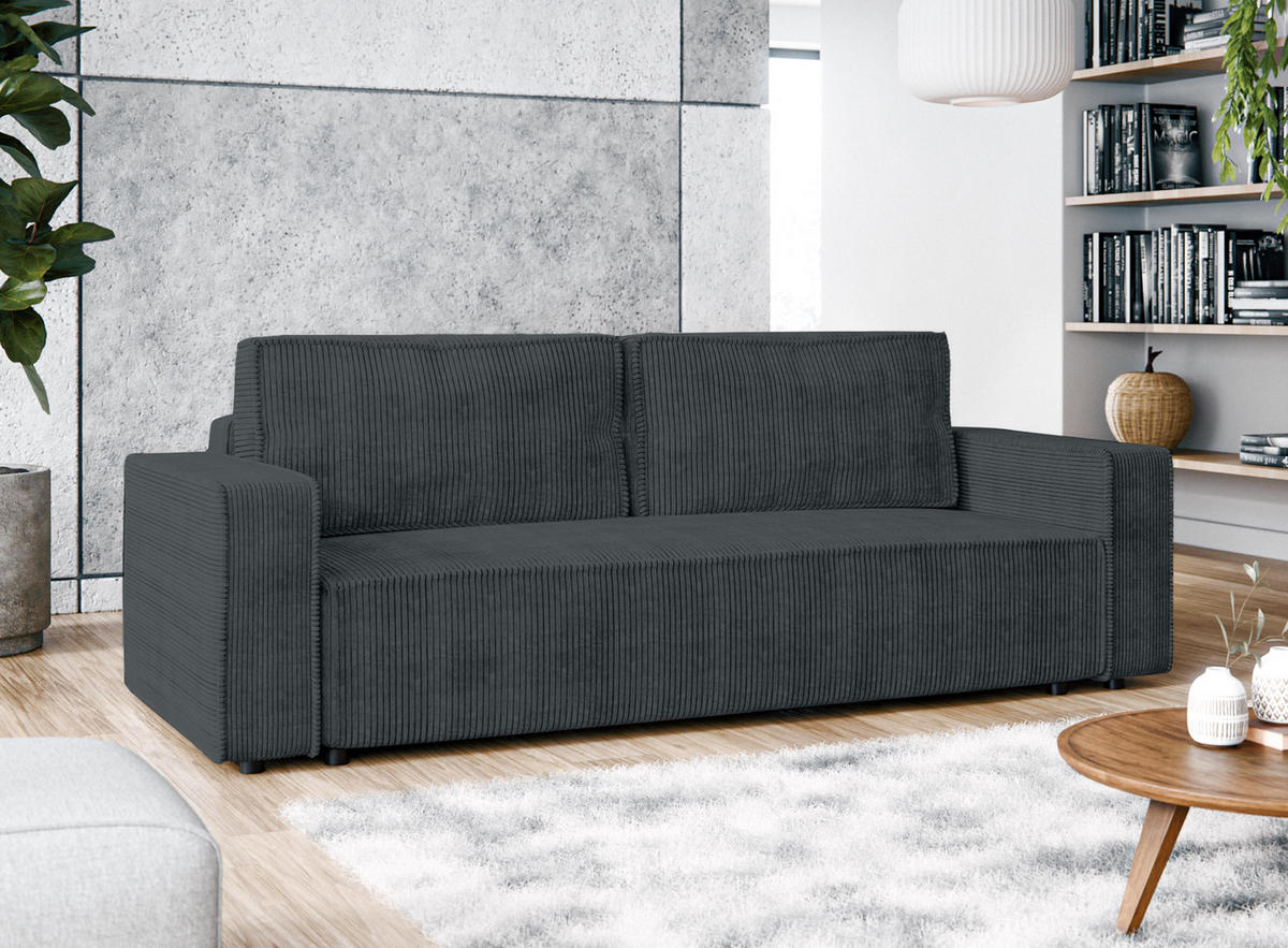 BIGSOFA Aydin Sofa Grau 238/94/85 cm Cord mit Schlaffunktion Bettkasten - Schwarz/Grau, Kunststoff/Textil (238/85/94cm) - AX Living