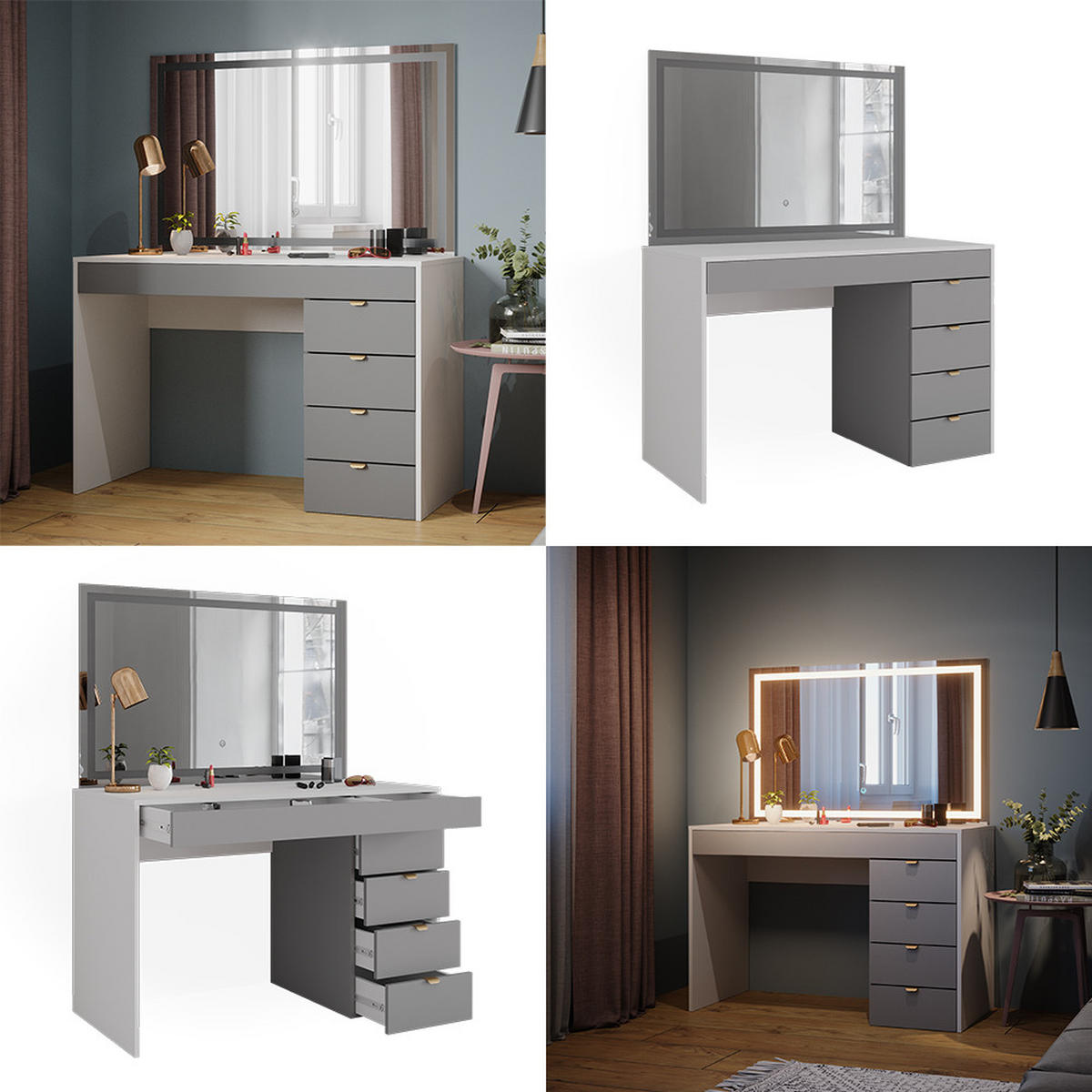 SCHMINKTISCH Elise Weiß/Grau/Grau 115 cm mit LED-Spiegel - Weiß/Grau, Holzwerkstoff (115/76/55cm) - Vicco