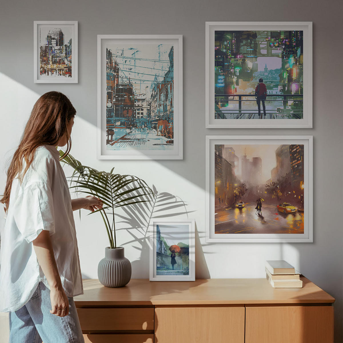 BILDER SET 5er Set - 50x50 cm & 20x30 cm & 40x60 cm Weißer Rahmen - Moderne, farbenfrohe Städte mit Charakteren - Weiß, Kunststoff (40/60cm) - TULUP