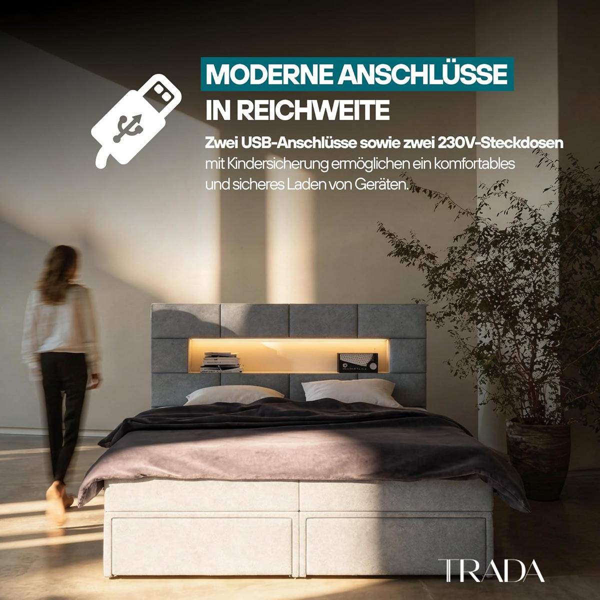 BOXBETT 200 x 200 cm mit Bettkasten und Matratze, LUX, LED Beleuchtung, Bücherregal und 2x USB, Grau - Grau, Holzwerkstoff/Kunststoff (200/200cm) - Trada
