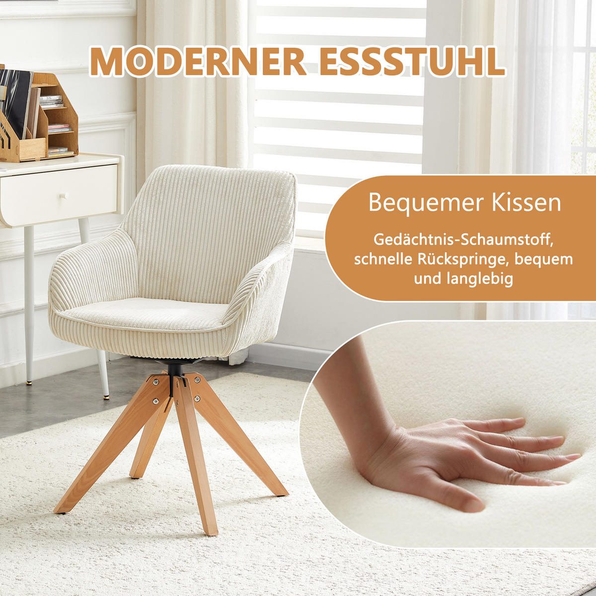 ARMLEHNSTUHL-SET DE-36619 2 Stück mit Massivholzbeinen Creme - Creme, Holz (44/84/56cm) - ComfortXL