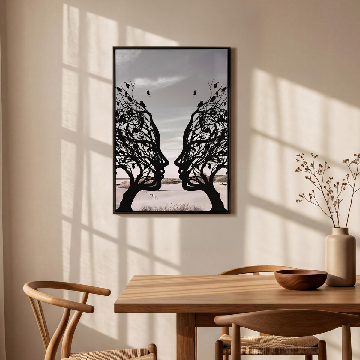LEINWAND Bilder mit Rahmen - Strand - Meer - Menschen - Baum - Moderne Kunst - 60x90 - Hellgrau, Textil (60/90cm) - MuchoWow