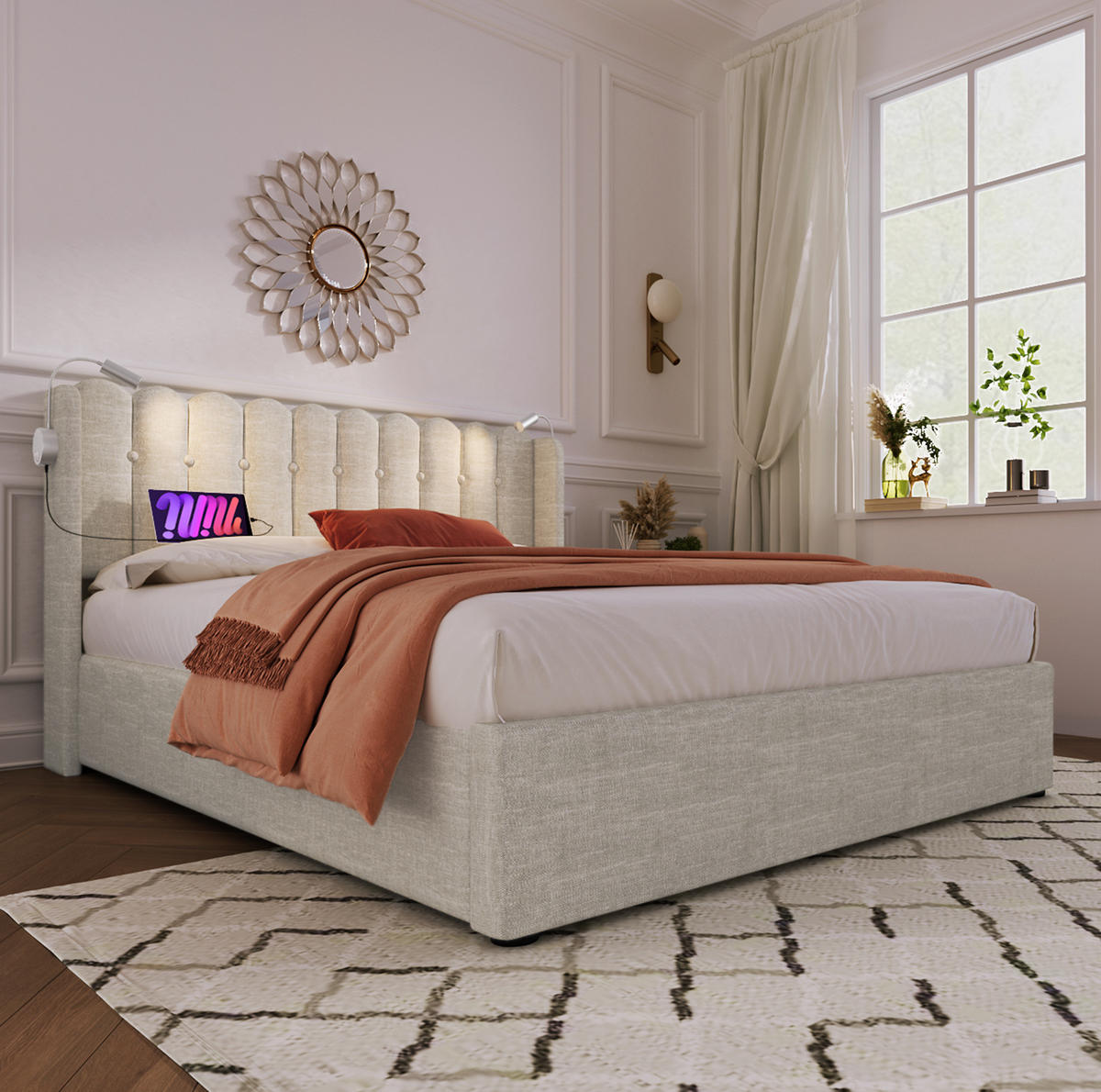 POLSTERBETT aus Leinen 160x200 cm Beige mit Bettkasten, Leselicht, USB-Anschluss und Matratze - Beige, Textil (160/200cm) - IVMEU