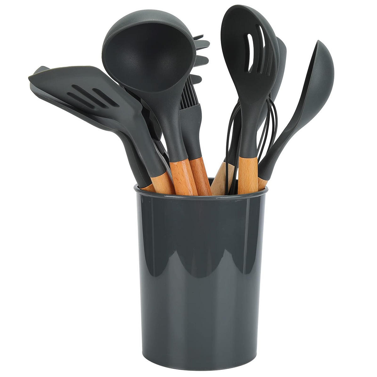 KÜCHENHELFER-SET, 12-teilig, Silikon, Buchenholz, hitzebeständig, BPA-frei, mit Behälter - Schwarz, Metall - PARAFTA HOME