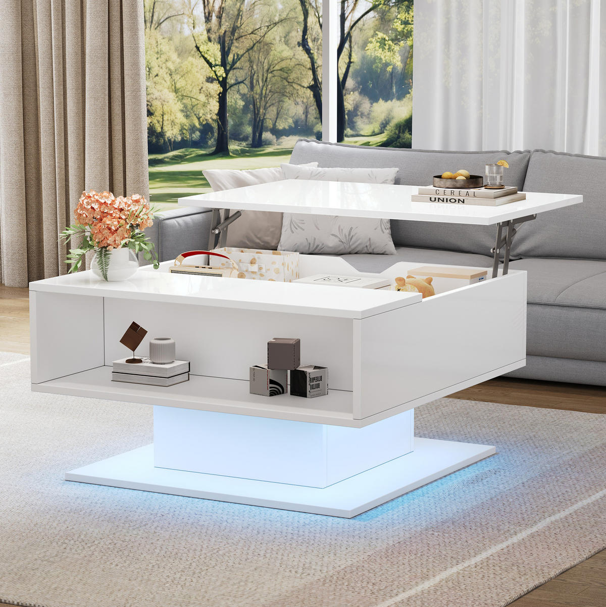 COUCHTISCH aus Spanplatte 80x75x40 cm Weiß mit Hubfunktion, LED-Beleuchtung und Stauraum - Weiß, Holzwerkstoff (75/80/40cm) - IVMEU