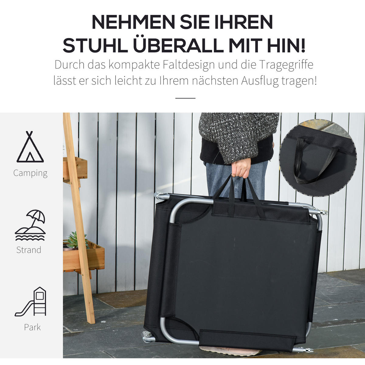 GARTENLIEGE bis 120 kg belastbar für Balkon, Terrasse, Oxford, Schwarz - Schwarz, Metall (55/24/187cm) - Outsunny