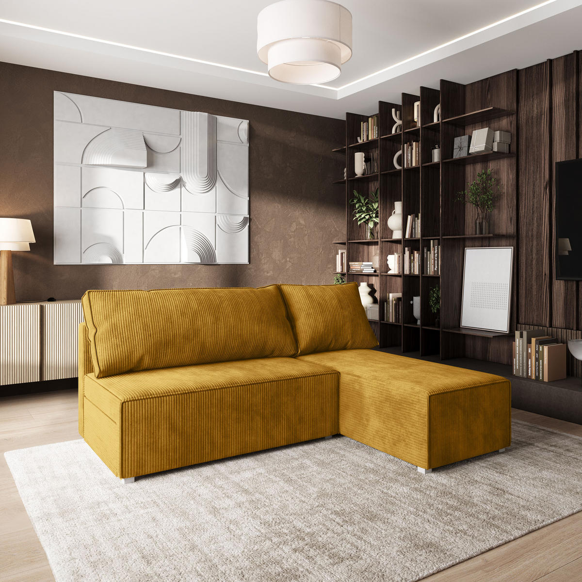 ROHOVÁ SEDAČKA BRISO žlutá - šedá/žlutá, dřevo/textil (200/140cm) - MASSENO