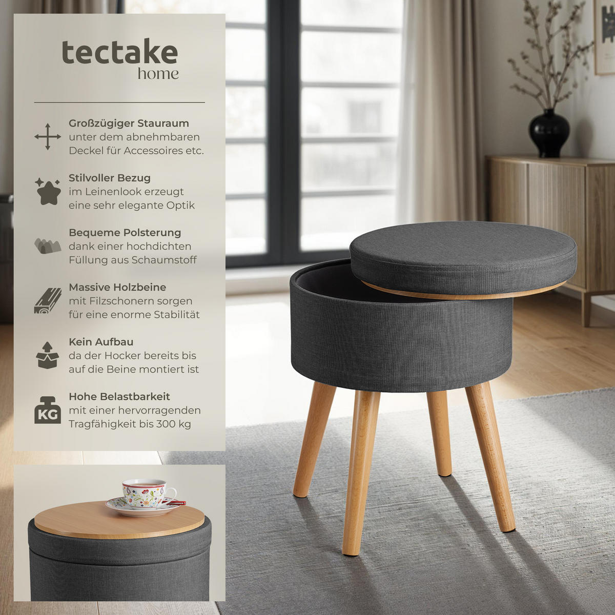SITZHOCKER mit Stauraum Yara,42,5 x 42,5 x 45,5 cm,dunkelgrau - Dunkelgrau, Holz (42.5/45.5/42.5cm) - tectake