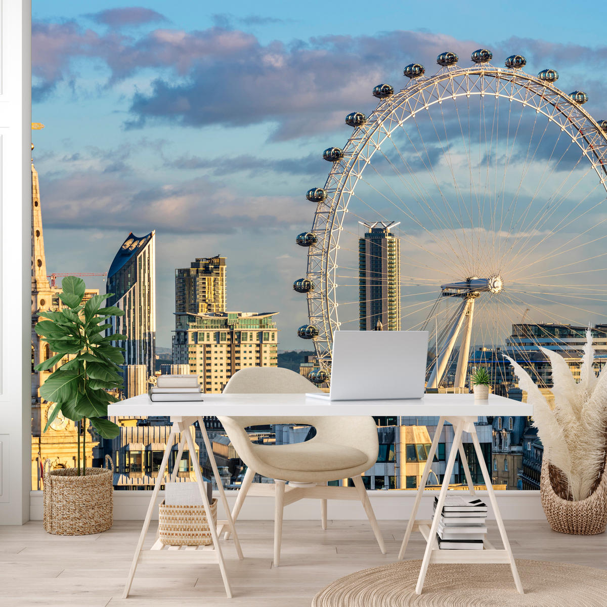 FOTOTAPETE für Schlafzimmer London Eye Skyline Wolkenkratzer Stadt 400x280 - Blau/Beige, Papier (400/280cm) - Muralo