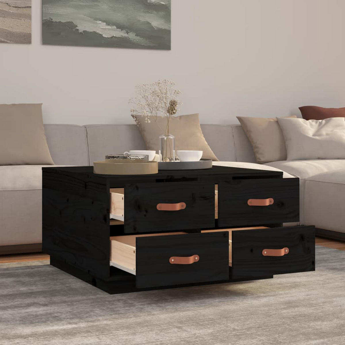 COUCHTISCH Schwarz 80x80x45 cm Massivholz Kiefer - Schwarz, Holz (80/45/80cm) - furnicato