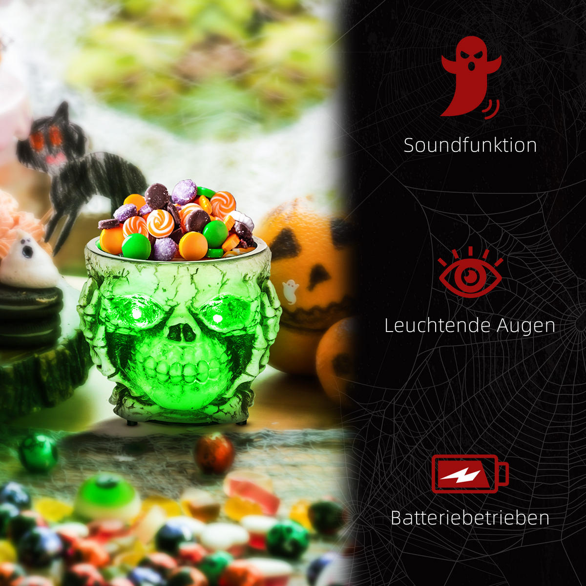 HALLOWEEN Skelett-Utensilien mit Leuchtenden Augen und Furchteinflößendem Klang - Multicolor, Kunststoff (16/14/16cm) - HOMCOM