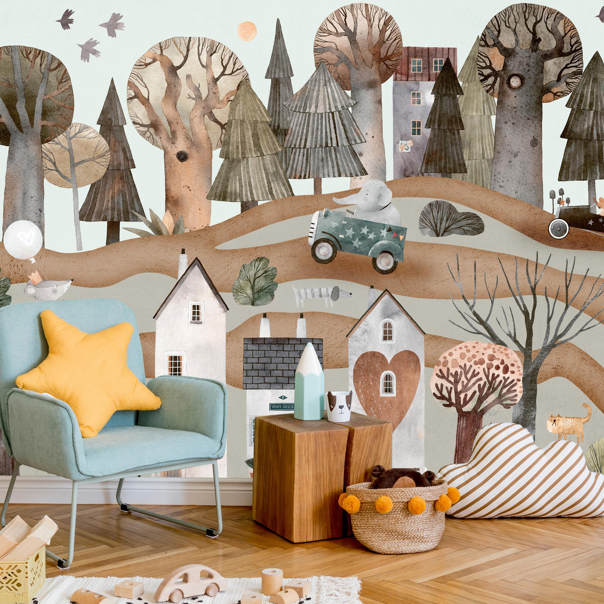 FOTOTAPETE für Kinderzimmer Fantastische Stadt Häuser Wald Tiere Autos 250x175 - Beige/Braun, Papier (250/175cm) - Muralo