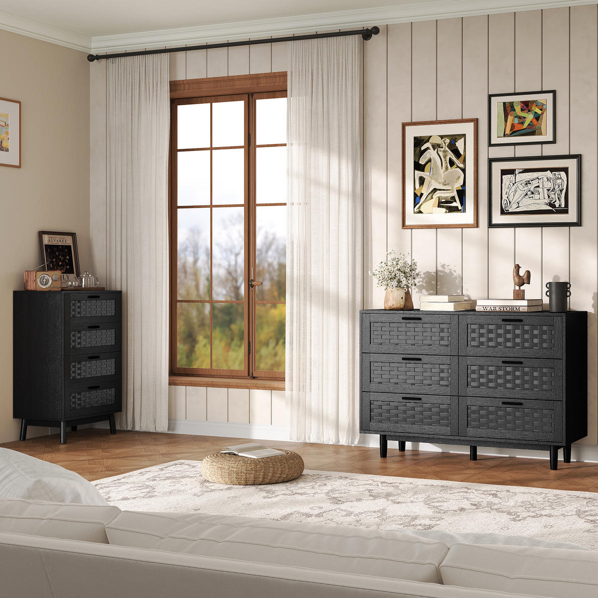 SIDEBOARD Schwarz mit 4 Türen & Rattan-Geflecht-Front - Schwarz, Holzwerkstoff (40/80/140cm) - SHOPENTRA