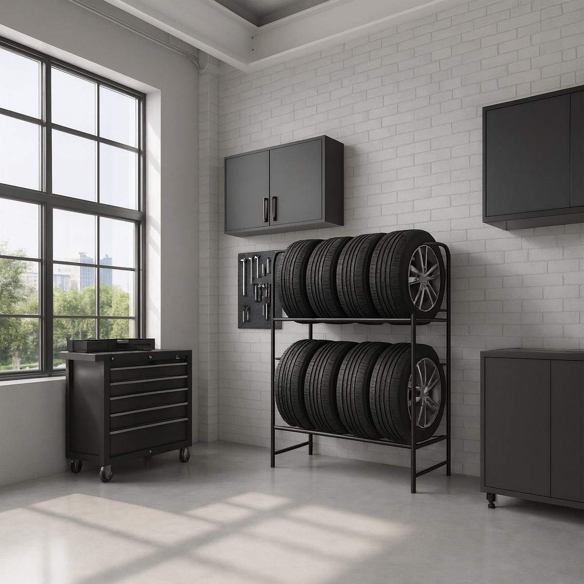 REIFENREGAL - Schwarz, Metall (107/117/46cm) - Relaxdays