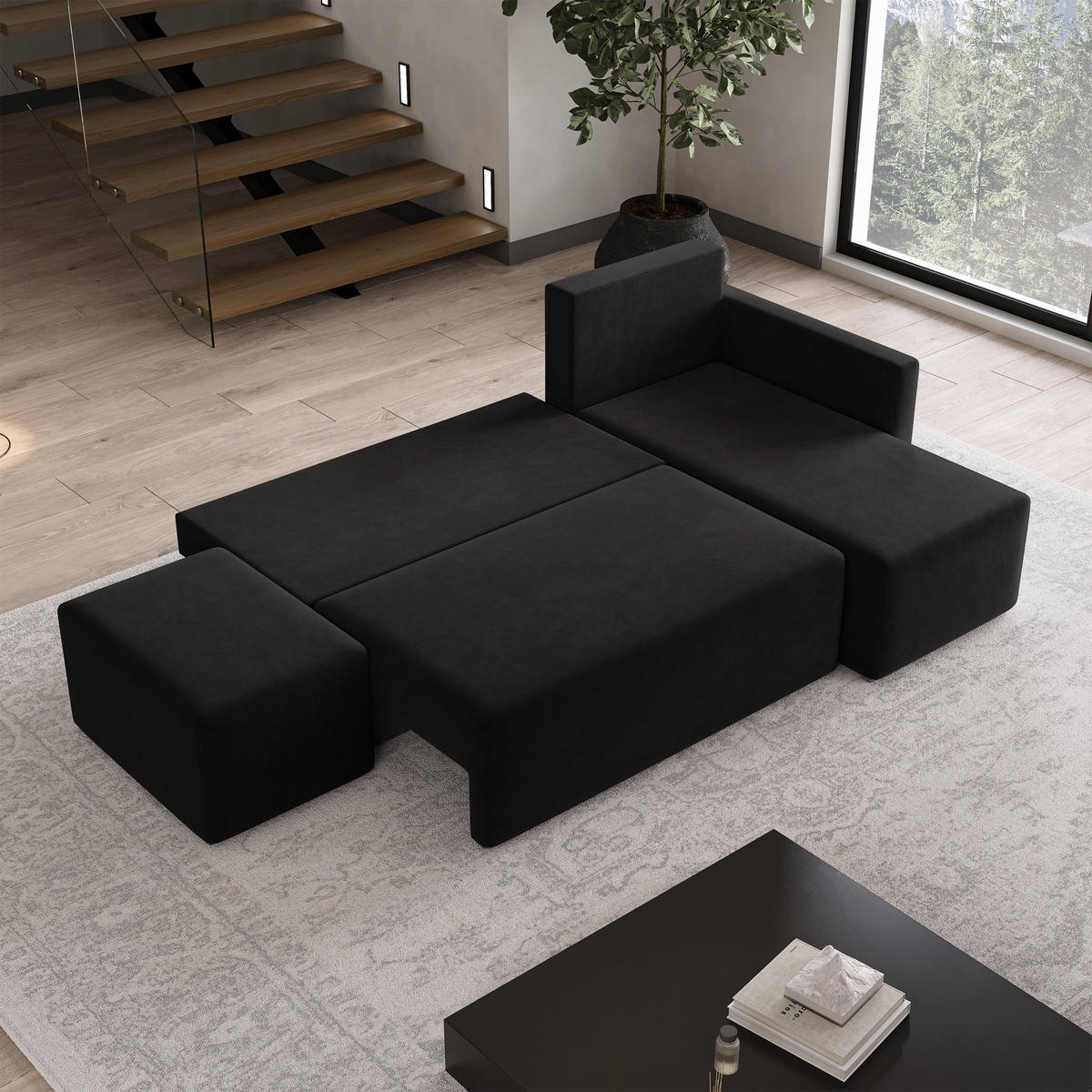 ECKSOFA VELOTTI R-S Schwarz Plüsch-Stoff mit Schlaffunktion - Schwarz, Holz (261/143cm) - MASSENO