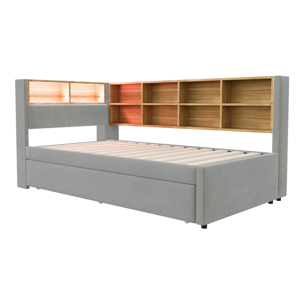 BETT aus Flanell 90x200 cm Hellgrau mit Ausziehbett 90x190 cm, LED, USB-C, Steckdose und Stauraum - Hellgrau, Textil (140/200cm) - Modfu
