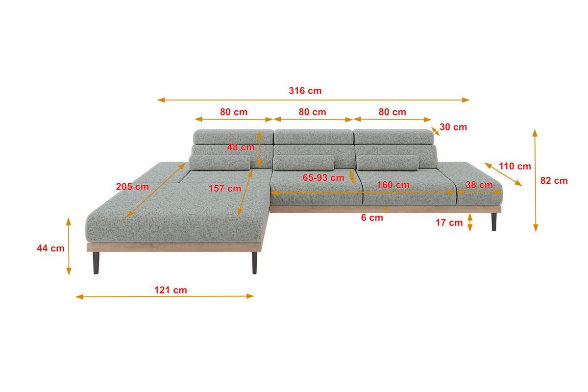 ELEKTRISCHES ECKSOFA Links MONA 316x205x85 Grün Velours - Mintgrün, Holzwerkstoff/Textil (316/205cm) - ALTDECOR