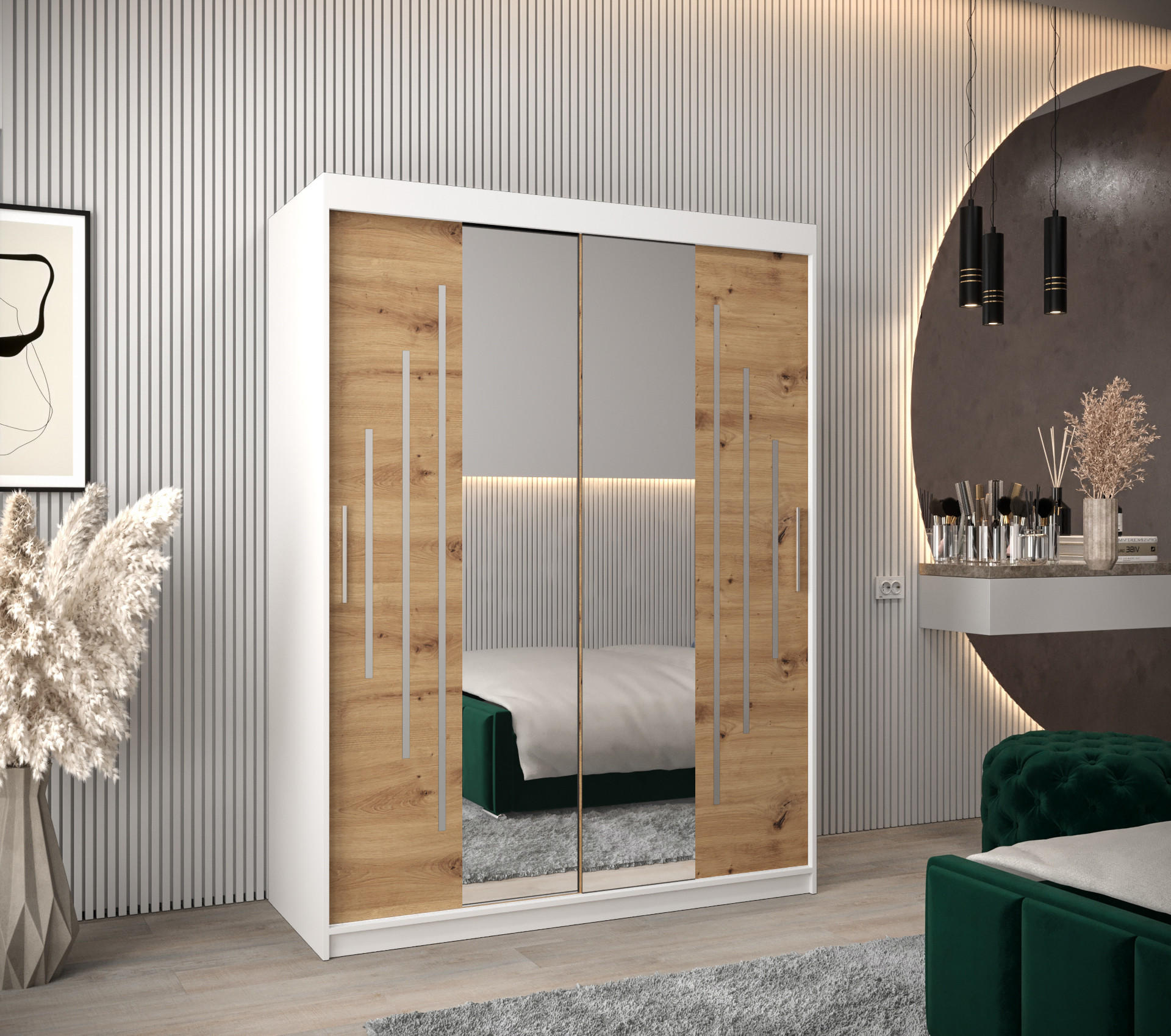 SCHWEBETÜRENSCHRANK 200/150/62 2-türig - Silberfarben/Eiche Artisan, Holz/Kunststoff (150/200/62cm) - Abiks Möbel
