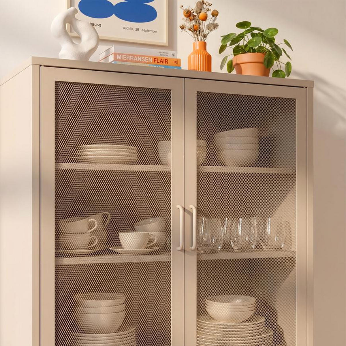 HIGHBOARD im Industrial-Design aus Metall H.120cm 2 Türen Streckmetall Beige - Kai - Beige, Metall (85/120/45cm) - Sicaan