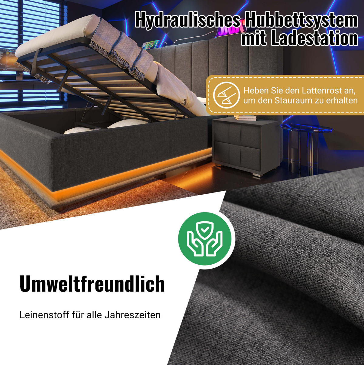 POLSTERBETT 180/200 cm Grau aus Leinen mit LED und Ladefunktion - Grau, Textil (180/200cm) - OKMYHOME