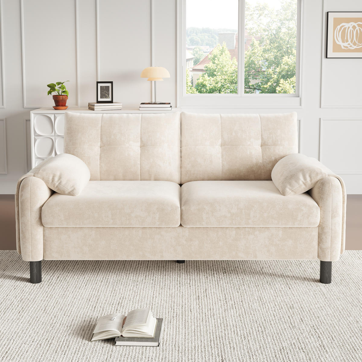 2-SITZER Sofa Chenille mit Seitentaschen und 2 Kissen 158/80/88,5 cm Beige - Beige, Textil (80/88.5/158cm) - Redom