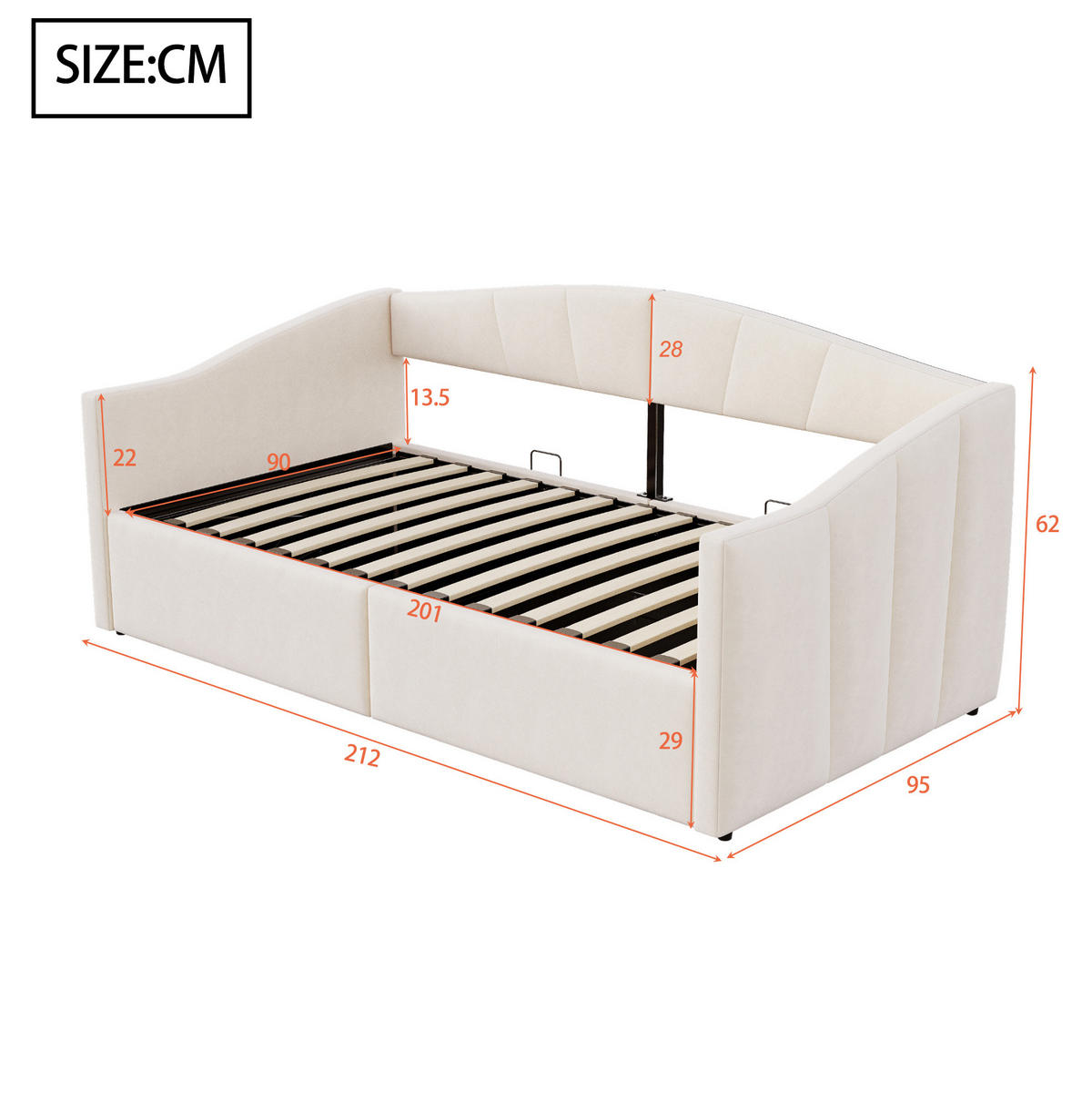 SAMT-POLSTERBETT 90/200 cm mit Bettkasten und Armlehnen in Beige - Beige, Textil (90/200cm) - BEAOK