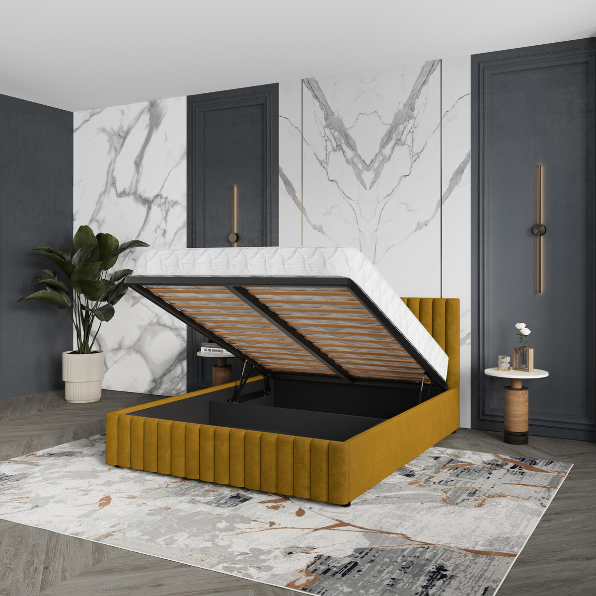 POLSTERBETT CARMIA 140x200 cm mit Bettkästen - Gelb - Gelb, Holz (140/200cm) - MASSENO