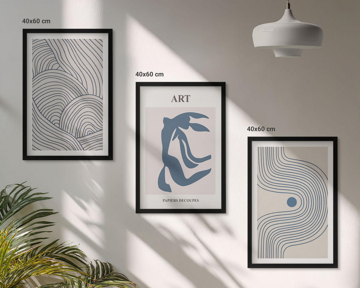 WANDBILDER 3er-Set - 40x60 cm Schwarzer Rahmen - Abstrakte blaue Linien - Schwarz, Kunststoff (40/60cm) - ArtPrintCave