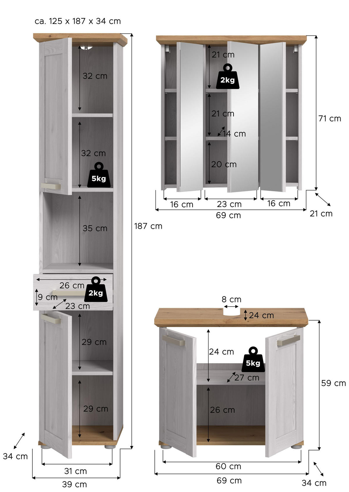 BAD-SET VERONA 3-tlg. (B/H/T: ca. 125/187/34 cm) in Sibiu Lärche Nachbildung/Sibiu Lärche Nachbildung - Lärchefarben, Holzwerkstoff (125/187/34cm)