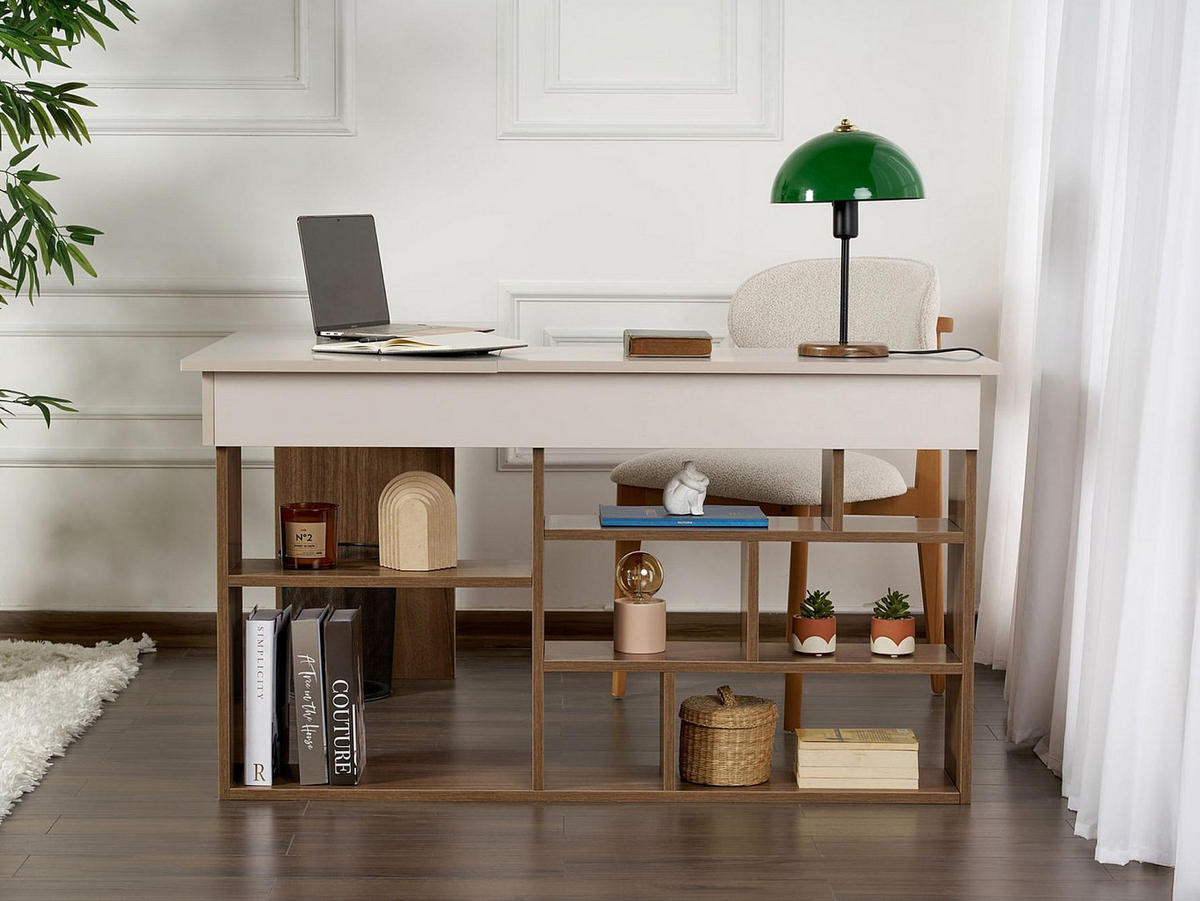 SCHREIBTISCH - 129 cm x 120 cm - Holz, Platte - Naturfarben Dunkel, Beige LILEUL - Beige/Naturfarben, Holz (120/129/72cm) - Vente-Unique