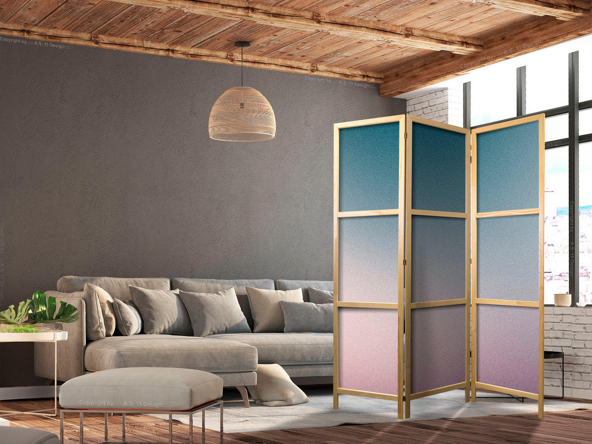PARAVÁN Japonský 3-dielny 135x172 cm Farebné Ombré - modrá, drevo/textil (135/172/3cm) - Muralo
