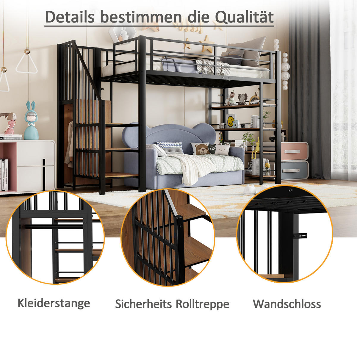 HOCHBETT 90/200 cm Schwarz mit Sicherheitstreppe und Stauraum mit Matratze - Schwarz, Metall (90/200cm) - OKWISH