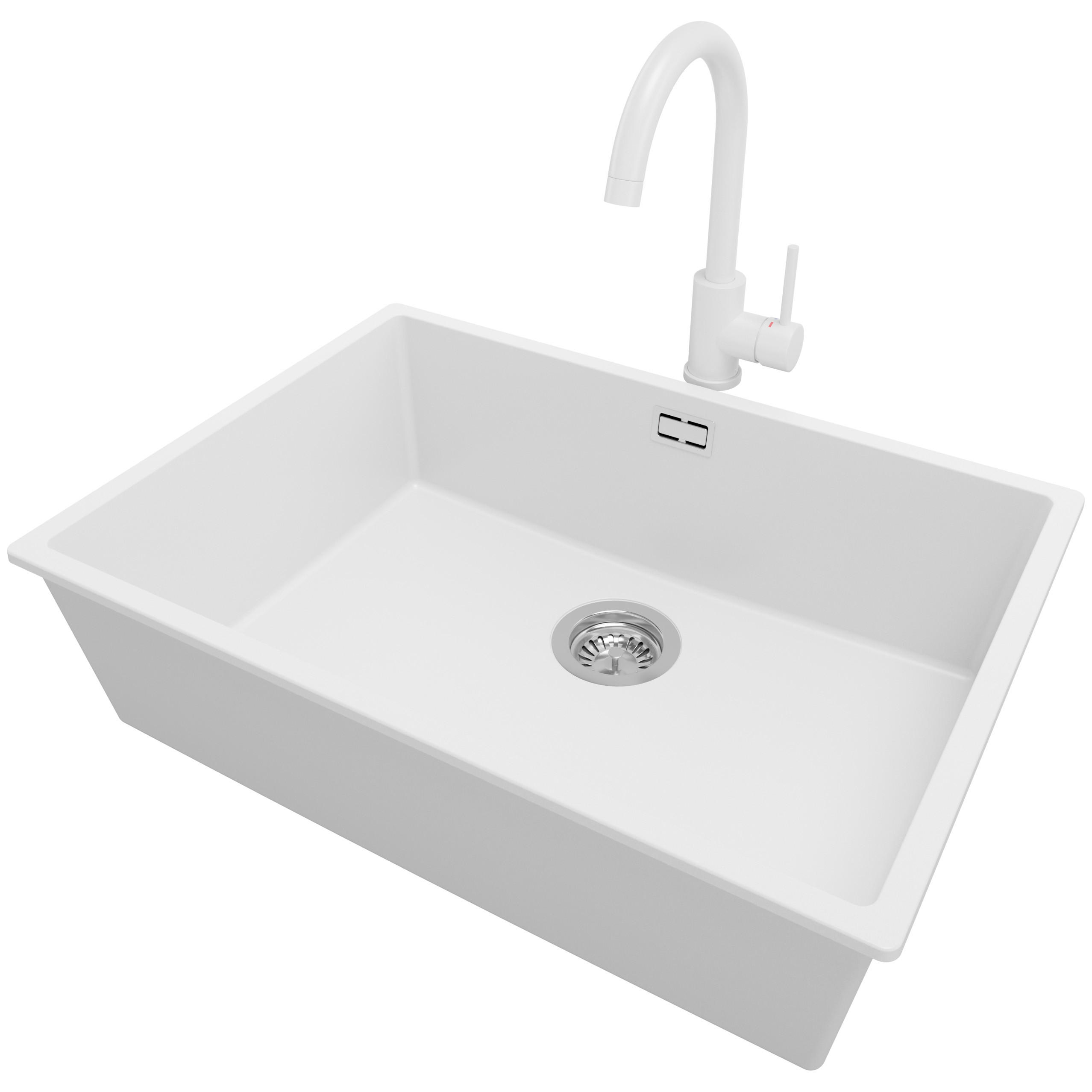 UNTERBAUSPÜLE GRANIT London, 2-er set Weiß 66/47 cm 1 Becken + Küchenarmatur 32/20 cm + Ablauf-Set ab 70er Unterschrank - Chromfarben/Weiß, Kunststoff (66/20/47cm) - Primagran