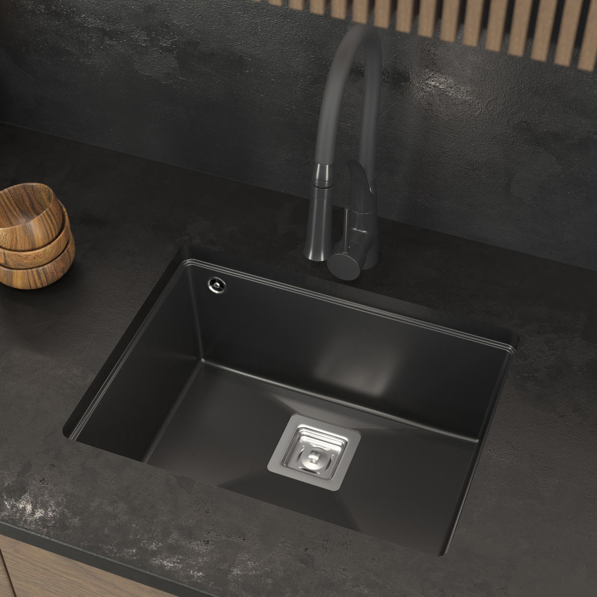 SPÜLBECKEN Napo 55 Farbwahl 550/420 mm Unterbau Granit 3-tlg. Set - Schwarz, Stein (55/42/20cm) - Granitan